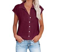 Summer Tops for Women UK Clearance Ladies Blouses Cap Sleeve Cotton Linen T-Shirts Business Office Casual Tunic Tops V Neck Button Down Shirts Plus Size Tees Plain Blouse