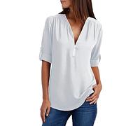 Summer Tops for Women UK Clearance Ladies Chiffon Blouse Long Sleeve T Shirt Zip V Neck Plain Tunic Top Rollable Long Length Longline Tee Blouses & Shirts Size 8-16 White