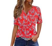 Summer Tops for Women UK Clearance Womens Casual Short Sleeve T-Shirts Button V Neck Tunic Tops Boho Floral Print Tees Ladies Blouses Henry Shirts Fashion Dressy Casual Blouse