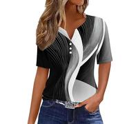 Summer Tops for Women UK Clearance Womens Casual Short Sleeve T-Shirts Button V Neck Tunic Tops Boho Floral Print Tees Ladies Blouses Henry Shirts Fashion Dressy Casual Blouse