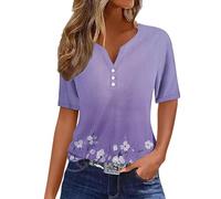 Summer Tops for Women UK Clearance Womens Casual Short Sleeve T-Shirts Button V Neck Tunic Tops Boho Floral Print Tees Ladies Blouses Henry Shirts Fashion Dressy Casual Blouse