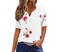 Summer Tops for Women UK Clearance Womens Casual Short Sleeve T-Shirts Button V Neck Tunic Tops Boho Floral Print Tees Ladies Blouses Henry Shirts Fashion Dressy Casual Blouse