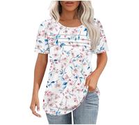 Summer Tops for Women UK Clearance Womens Summer Casual T-Shirts Short Sleeve Tunic Top Loose Fit Comfy Blouses Ladies Tops Boho Floral Pleated Flowy Casual Shirts for Leggings
