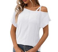Summer Tops for Women UK Clearance Womens T Shirts Eyelet Short Sleeve Cold Shoulder Shirts Dressy Elegant Tunic Blouse Loose Casual Summer Flowy Tops Home Beach Vacation Wear