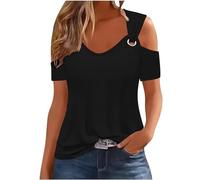 Summer Tops for Women UK Cold Shoulder Short Sleeve Shirts V Neck Eyelet Strap Blouses Regular Fit Plain T Shirt Elegant Undershirt Womens Basic Tees Beach Holiday Party Casual Pullover