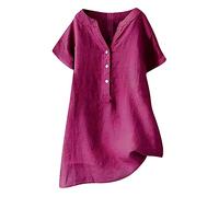 Summer Tops for Women UK Cotton Linen Half Button Henley Shirt V Neck Longline Plain T Shirt Short Sleeve Shirts Loose Womens Blouses Plus Size Soft Tee Undershirt Casual Tunic Shirt