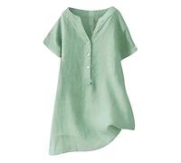Summer Tops for Women UK Cotton Linen Half Button Henley Shirt V Neck Longline Plain T Shirt Short Sleeve Shirts Loose Womens Blouses Plus Size Soft Tee Undershirt Casual Tunic Shirt