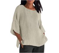 Summer Tops for Women UK, Cotton Linen Ladies Blouses 3/4 Sleeve Pleated Casual Shirts Crewnecks Loose Oversized Tees Solid Plain Baggy Dressy Blouses Office Work Blouse Tunic Tops Beige