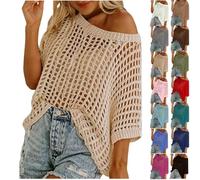 Summer Tops for Women UK Crochet Red Short Sleeve Casual Loose Hollow Out Mesh Tops Off Shoulder Basic Tee Shirts Beachwear Kimono Y2K Fishnet Holiday Knit Tops Beach Coverup Size 18 14 16 12 20 22