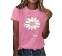 Summer Tops for Women UK Daisy Print T-Shirts Clearance Short Sleeve Crew Neck Casual Graphic Tee Shirt Basic Blouses Solid Color Tunic Tops Work Ladies Oversized Vacation Outfits