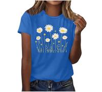 Summer Tops for Women UK Daisy Print T-Shirts Sale Clearance Short Sleeve Crew Neck Casual Graphic Tee Shirt Basic Blouses Solid Color Tunic Tops Work Ladies Oversized Vacation Outfits