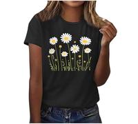Summer Tops for Women UK Daisy Print T-Shirts Sale Clearance Short Sleeve Crew Neck Casual Graphic Tee Shirt Basic Blouses Solid Color Tunic Tops Work Ladies Oversized Vacation Outfits