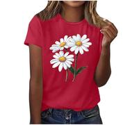 Summer Tops for Women UK Daisy Print T-Shirts Sale Clearance Short Sleeve Crew Neck Casual Graphic Tee Shirt Basic Blouses Solid Color Tunic Tops Work Ladies Oversized Vacation Outfits