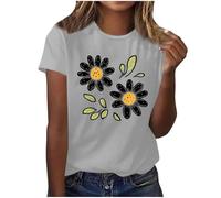 Summer Tops for Women UK Daisy Print T-Shirts Sale Clearance Short Sleeve Crew Neck Casual Graphic Tee Shirt Basic Blouses Solid Color Tunic Tops Work Ladies Oversized Vacation Outfits