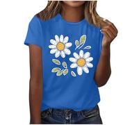 Summer Tops for Women UK Daisy Print T-Shirts Sale Clearance Short Sleeve Crew Neck Casual Graphic Tee Shirt Basic Blouses Solid Color Tunic Tops Work Ladies Oversized Vacation Outfits