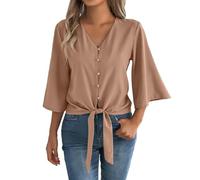 Summer Tops for Women UK Elegant 3/4 Bell Sleeve V Neck Button Down Blouses 2026 Trendy Tie Front Business Casual Work Going Out Tunic T-Shirts Baggy Beach Travel Vacation Tees Holiday Outfit