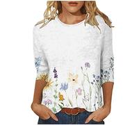 Summer Tops for Women UK Elegant 3/4 Sleeve Butterfly Print Ladies Tunic Tops Petite Three Quarter Sleeve Vintage Retro T-Shirt Crewneck Tee Shirts Going Out Work Office Blouses