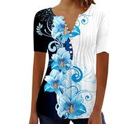 Summer Tops for Women UK,Elegant Henley T-Shirts Vintage Floral Printed Tunic Tops V Neck Flowy Flare Buttons Up Blouse Swing Blouses Ladies Longine Shirts Casual Baggy Plus Size Blue