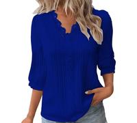 Summer Tops for Women UK Elegant Lace Splicing Hollow Bubble 3/4 Sleeve Solid Color Blouses V-Neck Shirt Ladies Soft Comfy Classic-Fit Dressy Casual Plain Tops for Work Office