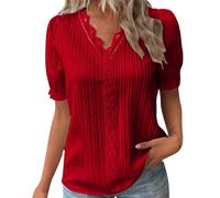 Summer Tops for Women UK Elegant Lace Splicing Hollow Bubble Short Sleeve Solid Color Plus Size Blouses V-Neck Shirt Ladies Soft Comfy Classic-Fit Dressy Casual Tops for Work Office Red