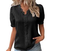 Summer Tops for Women UK Elegant Lace Splicing Hollow Bubble Short Sleeve Solid Color Plus Size Blouses V-Neck Shirt Ladies Soft Comfy Classic-Fit Dressy Casual Tops for Work Office 2-Black M
