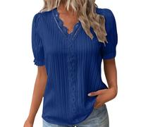 Summer Tops for Women UK Elegant Lace Splicing Hollow Bubble Short Sleeve Solid Color Plus Size Blouses V-Neck Shirt Ladies Soft Comfy Classic-Fit Dressy Casual Tops for Work Office Blue