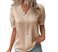 Summer Tops for Women UK Elegant Lace Splicing Hollow Bubble Short Sleeve Solid Color Plus Size Blouses V-Neck Shirt Ladies Soft Comfy Classic-Fit Dressy Casual Tops for Work Office Khaki