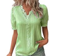 Summer Tops for Women UK Elegant Lace Splicing Hollow Bubble Short Sleeve Solid Color Plus Size Blouses V-Neck Shirt Ladies Soft Comfy Classic-Fit Dressy Casual Tops for Work Office A-Green, M