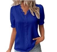 Summer Tops for Women UK Elegant Lace Splicing Hollow Bubble Short Sleeve Solid Color Plus Size Blouses V-Neck Shirt Ladies Soft Comfy Classic-Fit Dressy Casual Tops for Work Office C-Blue, M