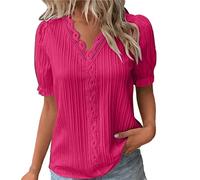 Summer Tops for Women UK Elegant Lace Splicing Hollow Bubble Short Sleeve Solid Color Plus Size Blouses V-Neck Shirt Ladies Soft Comfy Classic-Fit Dressy Casual Tops for Work Office Hot Pink