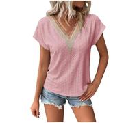 Summer Tops for Women UK Elegant Lace Splicing Hollow Short Sleeve Solid Blouses V-Neck Ladies Soft Comfy Classic-Fit Dressy Business Casual Work Office Party Shirts Pink