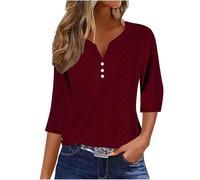 Summer Tops for Women UK - Ladies Blouses Elegant Going Out Eyelet Embroidery Three Quarter Sleeve Tops Hollow Out Casual Business Outfits Tunic Tees Button 3/4 Sleeve V-Neck T-Shirts
