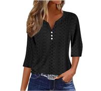 Summer Tops for Women UK - Ladies Blouses Elegant Going Out Eyelet Embroidery Three Quarter Sleeve Tops Hollow Out Casual Business Outfits Tunic Tees Button 3/4 Sleeve V-Neck T-Shirts