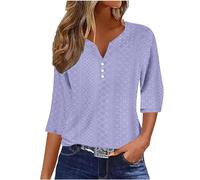Summer Tops for Women UK - Ladies Blouses Elegant Going Out Eyelet Embroidery Three Quarter Sleeve Tops Hollow Out Casual Business Outfits Tunic Tees Button 3/4 Sleeve V-Neck T-Shirts