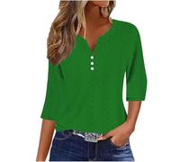 Summer Tops for Women UK - Ladies Blouses Elegant Going Out Eyelet Embroidery Three Quarter Sleeve Tops Hollow Out Casual Business Outfits Tunic Tees Button 3/4 Sleeve V-Neck T-Shirts Kelly Green