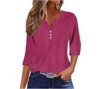Summer Tops for Women UK - Ladies Blouses Elegant Going Out Eyelet Embroidery Three Quarter Sleeve Tops Hollow Out Casual Business Outfits Tunic Tees Button 3/4 Sleeve V-Neck T-Shirts
