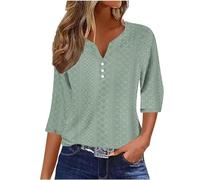 Summer Tops for Women UK - Ladies Blouses Elegant Going Out Eyelet Embroidery Three Quarter Sleeve Tops Hollow Out Casual Business Outfits Tunic Tees Button 3/4 Sleeve V-Neck T-Shirts Sage Green