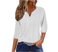 Summer Tops for Women UK - Ladies Blouses Elegant Going Out Eyelet Embroidery Three Quarter Sleeve Tops Hollow Out Casual Business Outfits Tunic Tees Button 3/4 Sleeve V-Neck T-Shirts