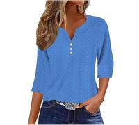 Summer Tops for Women UK - Ladies Blouses Elegant Going Out Eyelet Embroidery Three Quarter Sleeve Tops Hollow Out Casual Business Outfits Tunic Tees Button 3/4 Sleeve V-Neck T-Shirts