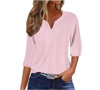 Summer Tops for Women UK - Ladies Blouses Elegant Going Out Eyelet Embroidery Three Quarter Sleeve Tops Hollow Out Casual Business Outfits Tunic Tees Button 3/4 Sleeve V-Neck T-Shirts Pink