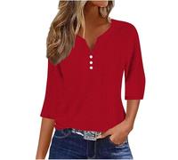 Summer Tops for Women UK - Ladies Blouses Elegant Going Out Eyelet Embroidery Three Quarter Sleeve Tops Hollow Out Casual Business Outfits Tunic Tees Button 3/4 Sleeve V-Neck T-Shirts