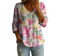Summer Tops for Women UK Plus Size Linen Boho Tops for Women V Neck Long Sleeve Button Down Work Blouse Plus Size Baggy Smock Tops Lightweight Summer Beach Vacation Hippie Tee Comfy Holiday Shirt
