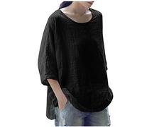 Summer Tops for Women UK Sale 3/4 Sleeve Cotton Linen Solid Crew Neck Ladies Tops Casual Loose Three Quarter Sleeve Tunic T Shirt Plus Size Elegant Blouse Shirts UK 8-18 Black
