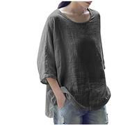 Summer Tops for Women UK Sale 3/4 Sleeve Cotton Linen Solid Crew Neck Ladies Tops Casual Loose Three Quarter Sleeve Tunic T Shirt Plus Size Elegant Blouse Shirts UK 8-18 Gray