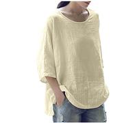 Summer Tops for Women UK Sale 3/4 Sleeve Cotton Linen Solid Crew Neck Ladies Tops Casual Loose Three Quarter Sleeve Tunic T Shirt Plus Size Elegant Blouse Shirts UK 8-18 Beige