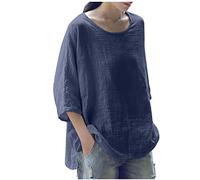 Summer Tops for Women UK Sale 3/4 Sleeve Cotton Linen Solid Crew Neck Ladies Tops Casual Loose Three Quarter Sleeve Tunic T Shirt Plus Size Elegant Blouse Shirts UK 8-18 Navy