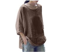 Summer Tops for Women UK Sale 3/4 Sleeve Cotton Linen Solid Crew Neck Ladies Tops Casual Loose Three Quarter Sleeve Tunic T Shirt Plus Size Elegant Blouse Shirts UK 8-18 Khaki