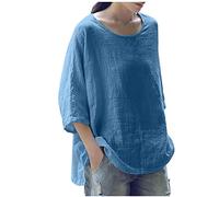 Summer Tops for Women UK Sale 3/4 Sleeve Cotton Linen Solid Crew Neck Ladies Tops Casual Loose Three Quarter Sleeve Tunic T Shirt Plus Size Elegant Blouse Shirts UK 8-18 Blue