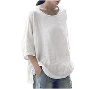 Summer Tops for Women UK Sale 3/4 Sleeve Cotton Linen Solid Crew Neck Ladies Tops Casual Loose Three Quarter Sleeve Tunic T Shirt Plus Size Elegant Blouse Shirts UK 8-18 White