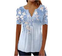 Summer Tops for Women UK Sale Clearance,Elegant Henley T-Shirts Vintage Floral Printed Tunic Tops V Neck Flowy Flare Buttons Up Blouse Swing Ladies Blouses Longine Shirts Casual Baggy Plus Size